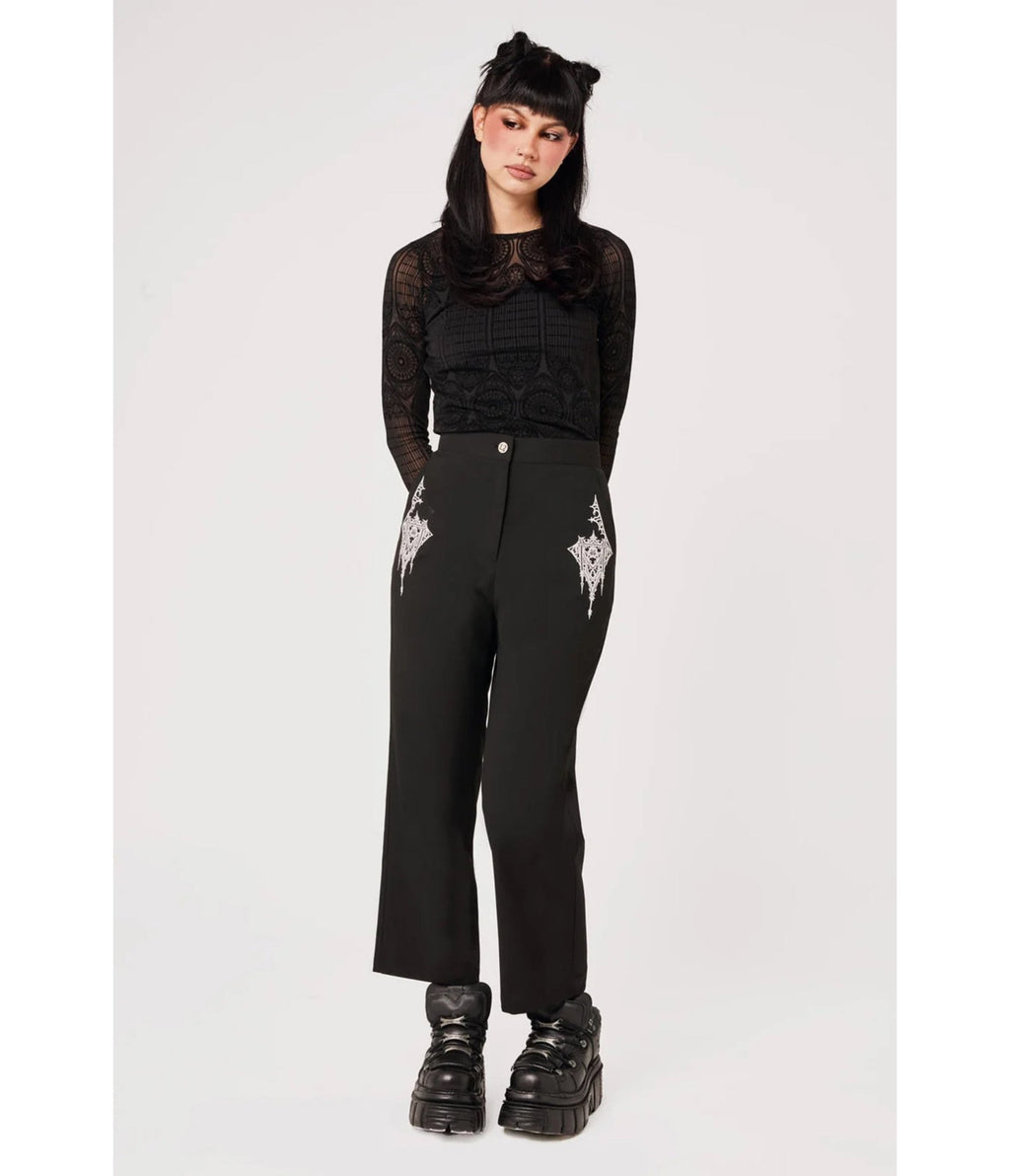 Hell Bunny Black Gothic Embroidered Elizabeth Trousers - Unique Vintage - Trousers
