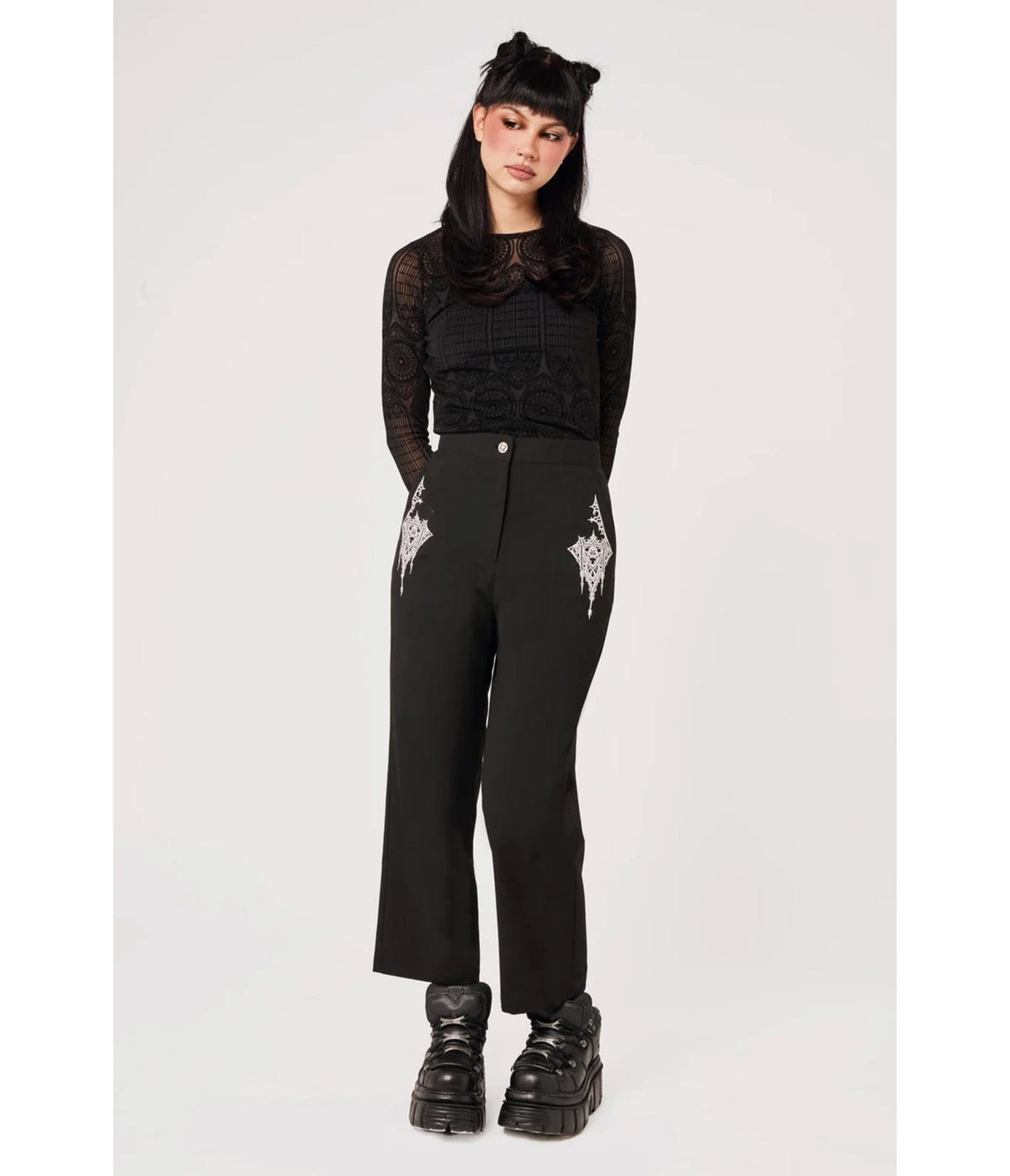 Hell Bunny Black Gothic Embroidered Elizabeth Trousers - Unique Vintage - Trousers