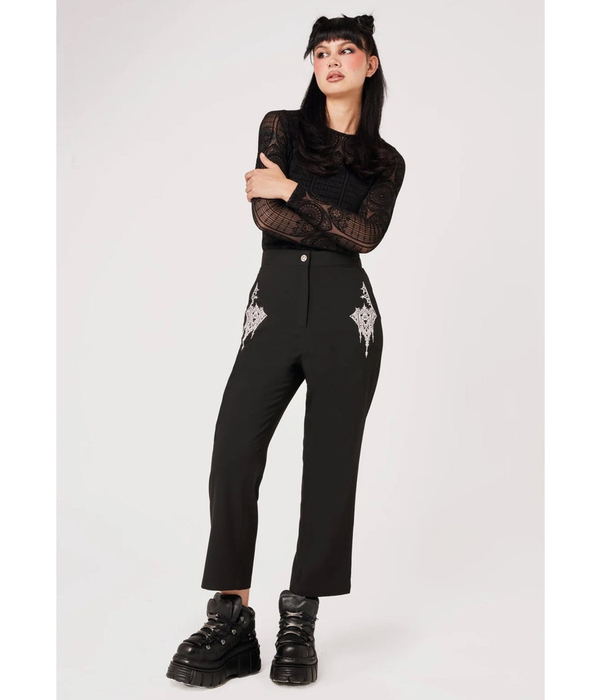 Hell Bunny Black Gothic Embroidered Elizabeth Trousers - Unique Vintage - Trousers