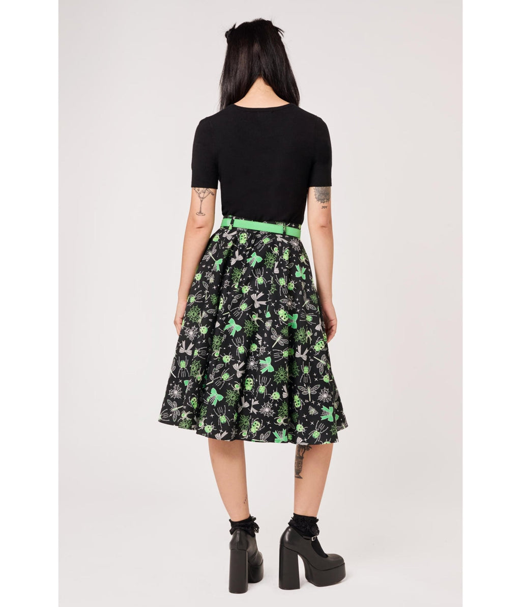 Hell Bunny Black & Green Bug Print Millie Skirt - Unique Vintage - Womens, BOTTOMS, SKIRTS