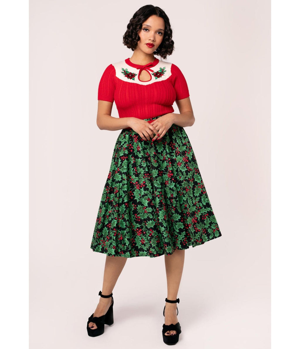 Hell Bunny Black & Holly Print Nicole Swing Skirt - Unique Vintage - Womens, BOTTOMS, SKIRTS