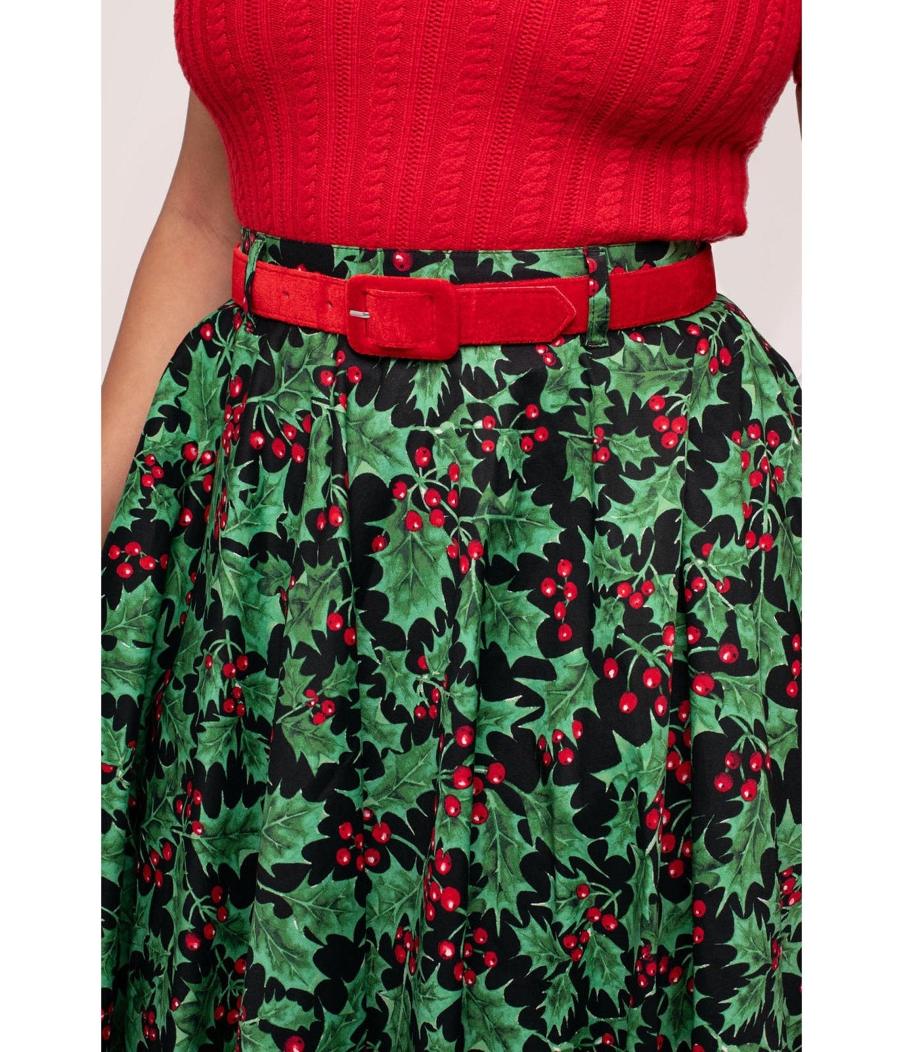 Hell Bunny Black & Holly Print Nicole Swing Skirt - Unique Vintage - Womens, BOTTOMS, SKIRTS