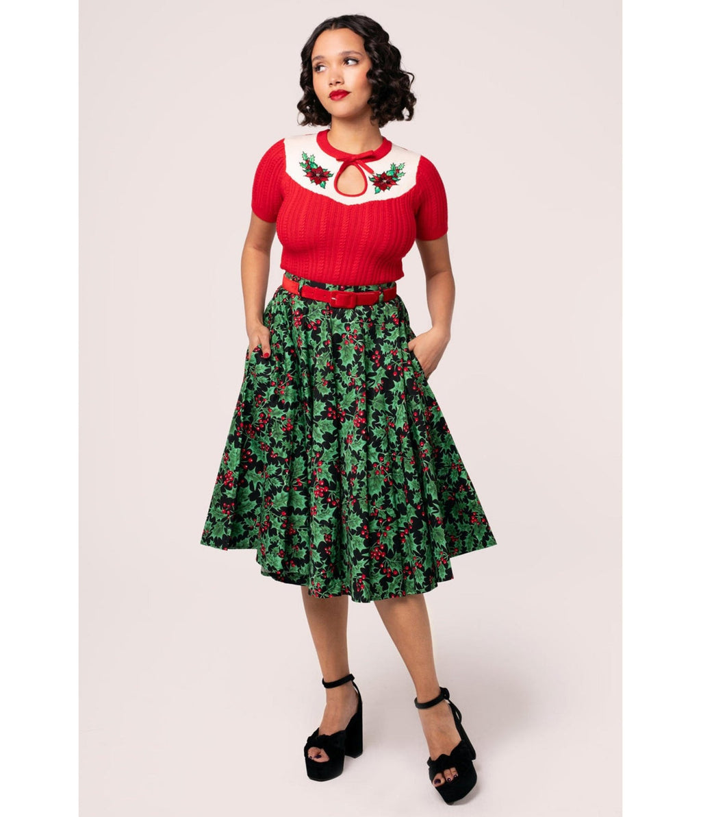 Hell Bunny Black & Holly Print Nicole Swing Skirt - Unique Vintage - Womens, BOTTOMS, SKIRTS