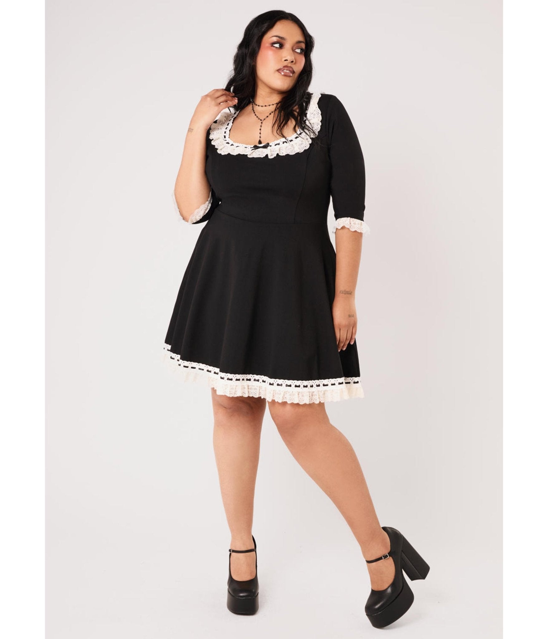 Hell Bunny Black Lace Trim Moira Dress - Unique Vintage - Womens, DRESSES, MIDI