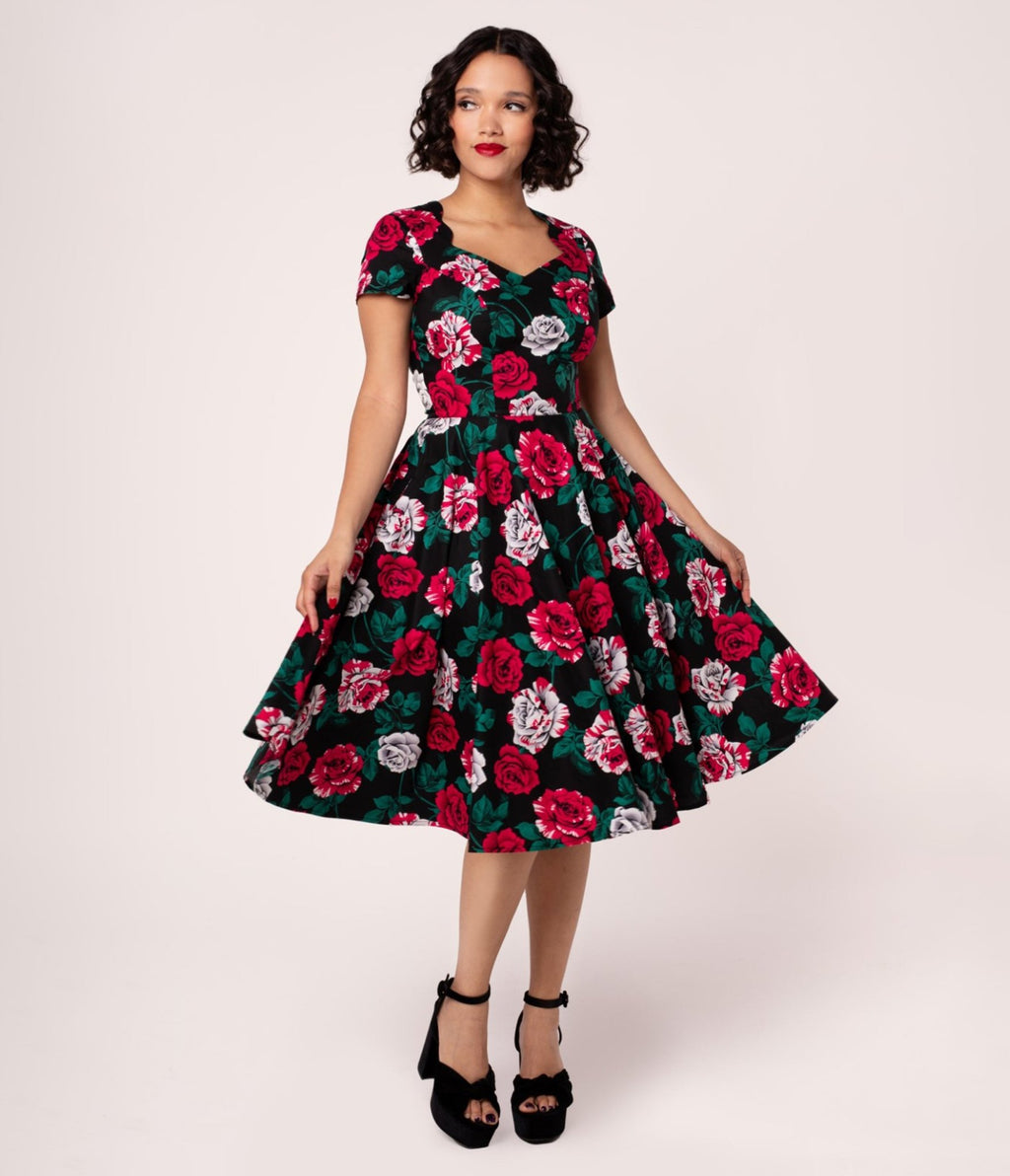 Hell Bunny Black & Painted Roses Swing Dress - Unique Vintage - Womens, DRESSES, SWING