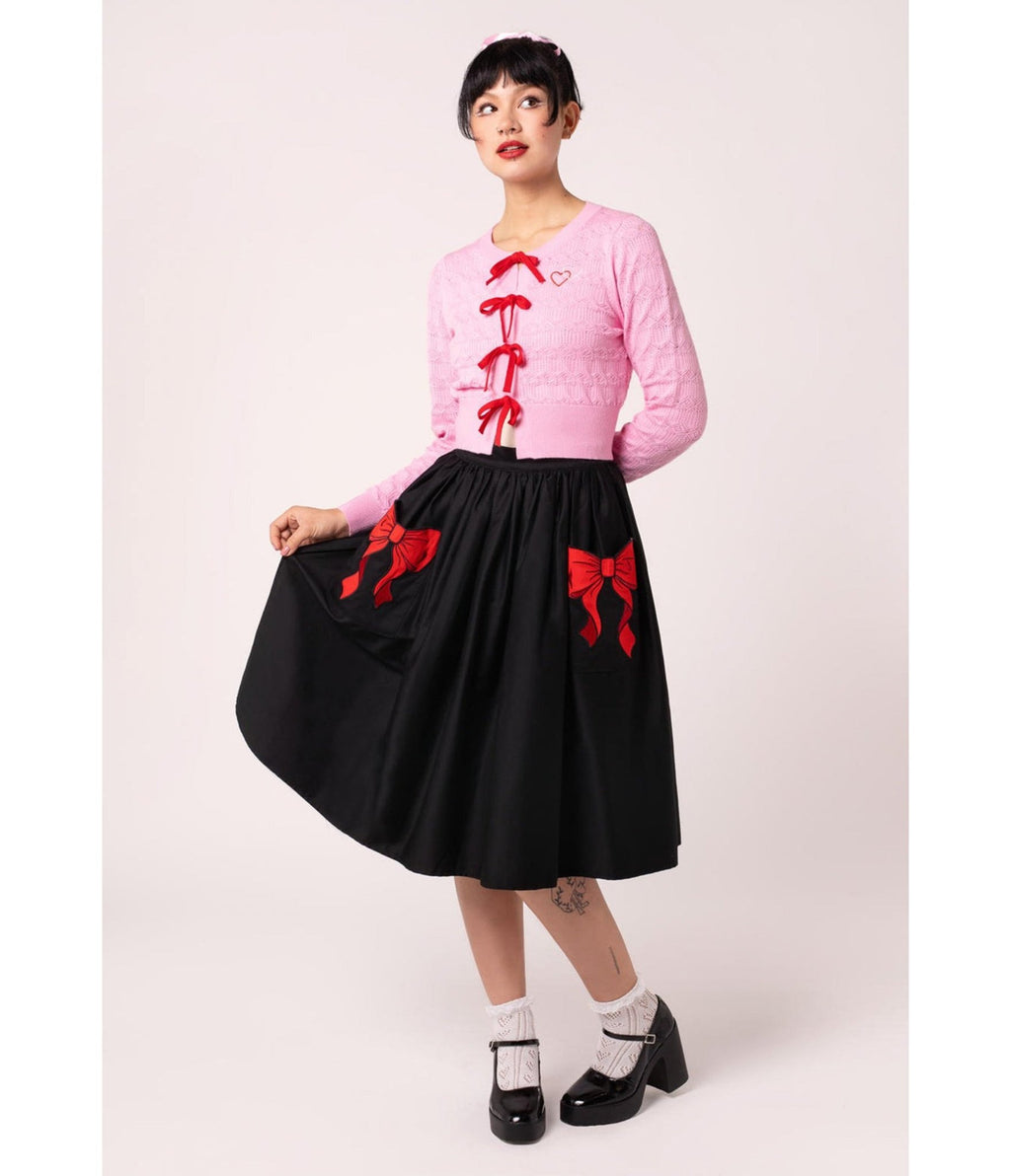 Hell Bunny Black & Red Bow Lucie Swing Skirt - Unique Vintage - Womens, BOTTOMS, SKIRTS