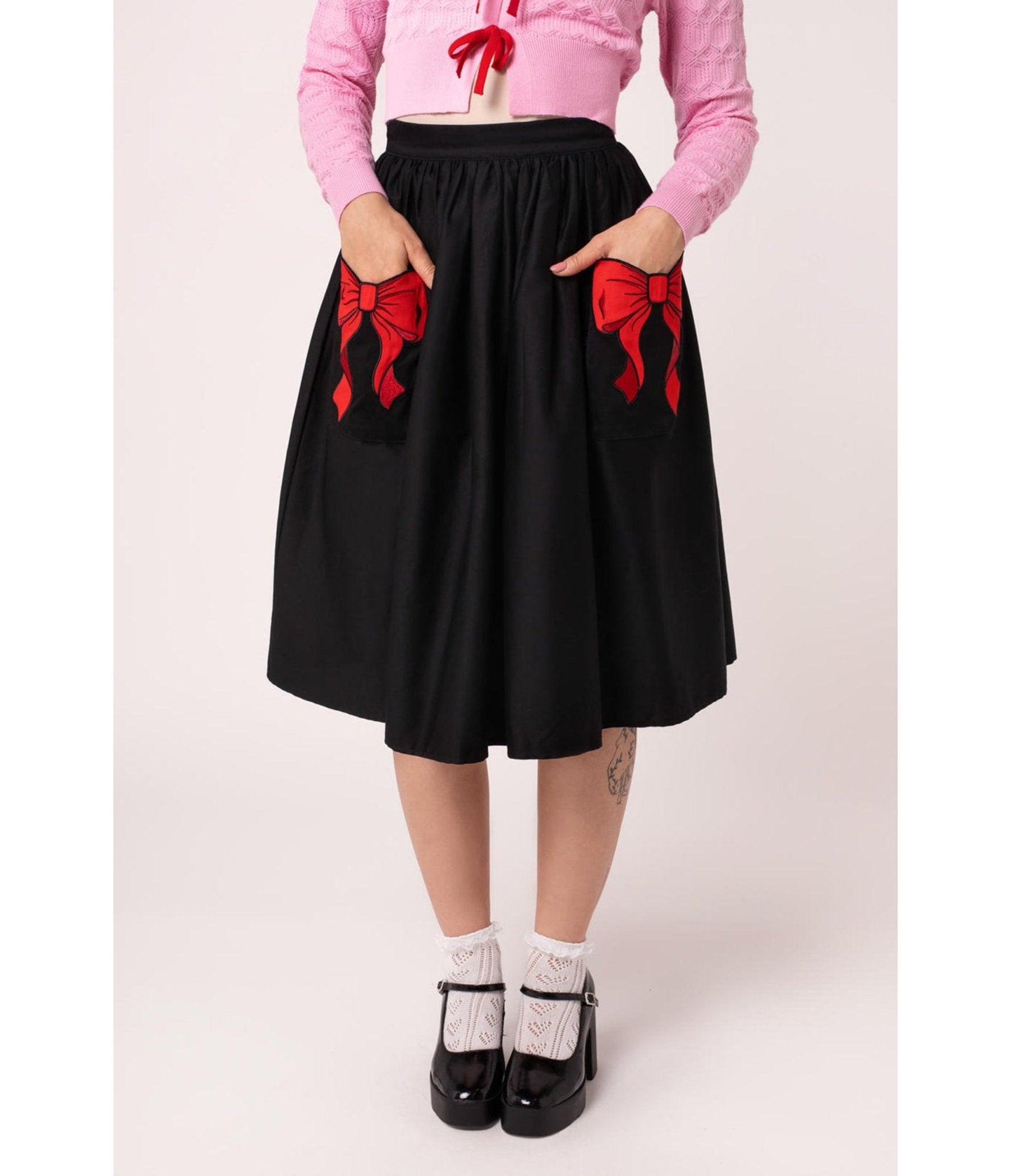 Hell Bunny Black & Red Bow Lucie Swing Skirt - Unique Vintage - Womens, BOTTOMS, SKIRTS