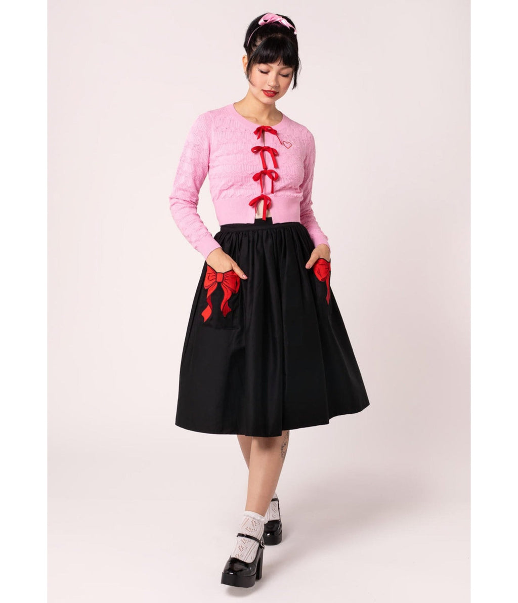 Hell Bunny Black & Red Bow Lucie Swing Skirt - Unique Vintage - Womens, BOTTOMS, SKIRTS