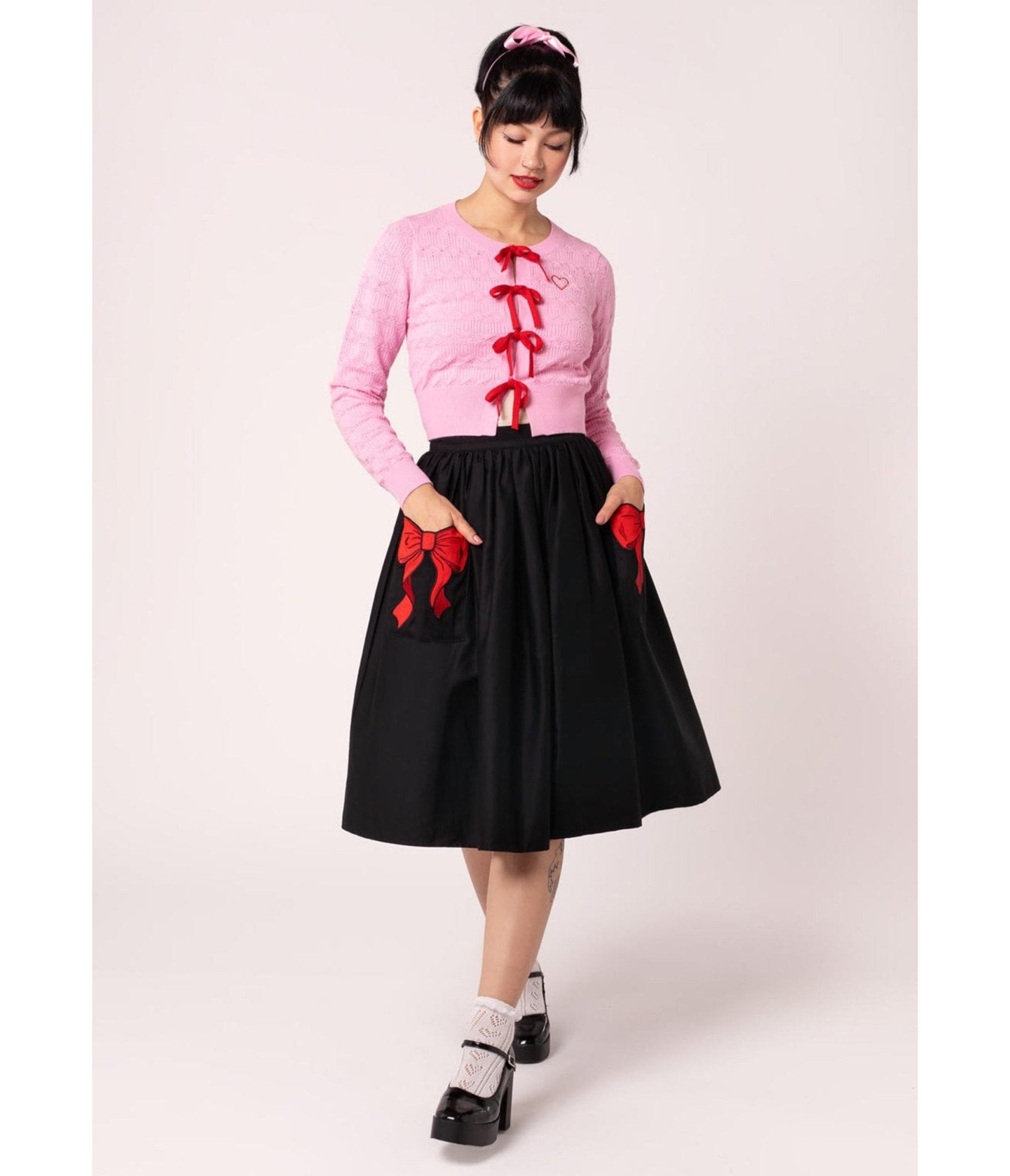 Hell Bunny Black & Red Bow Lucie Swing Skirt - Unique Vintage - Womens, BOTTOMS, SKIRTS