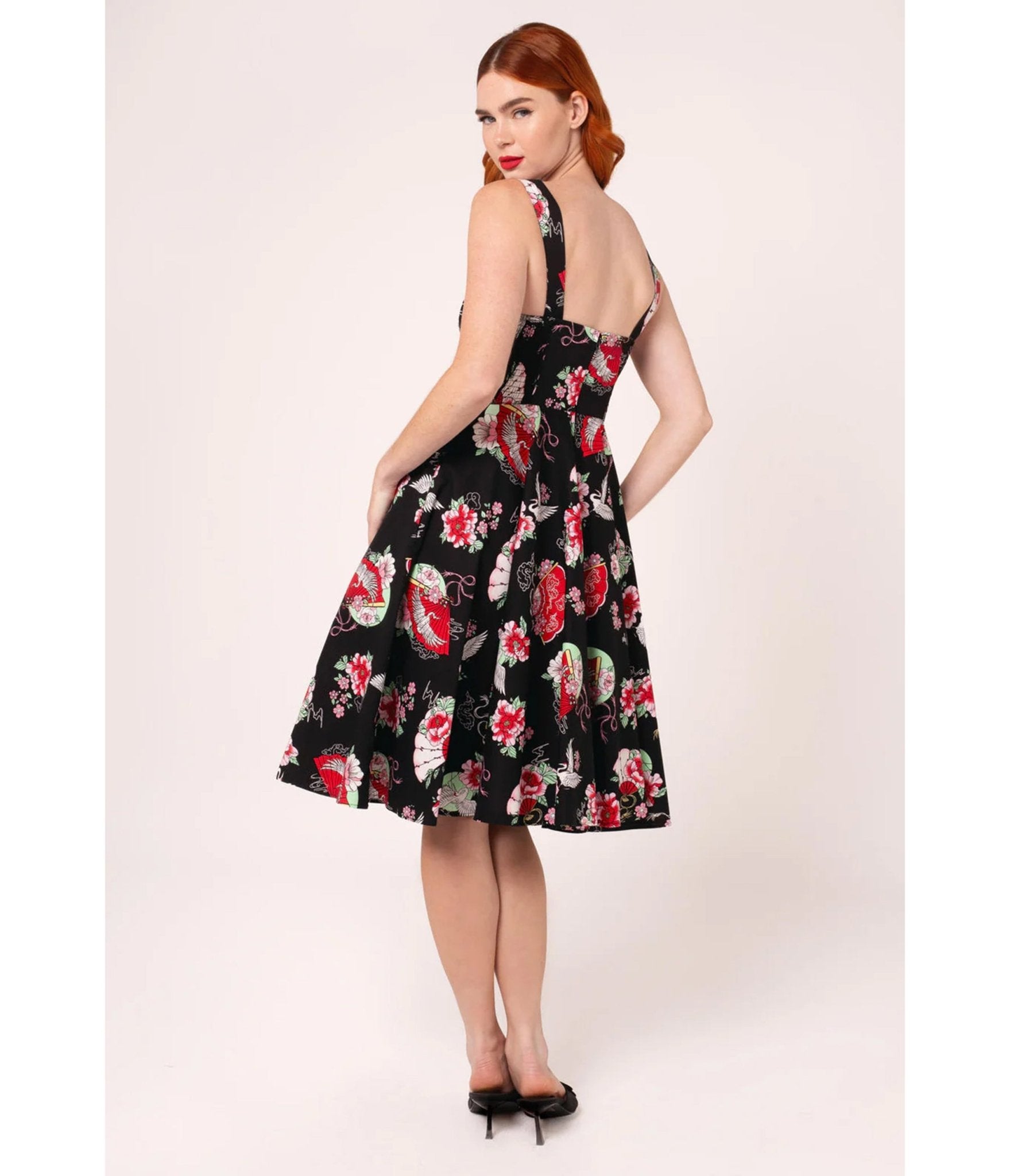 Hell Bunny Black & Red Floral Sweetheart Swing Dress - Unique Vintage - Womens, DRESSES, SWING