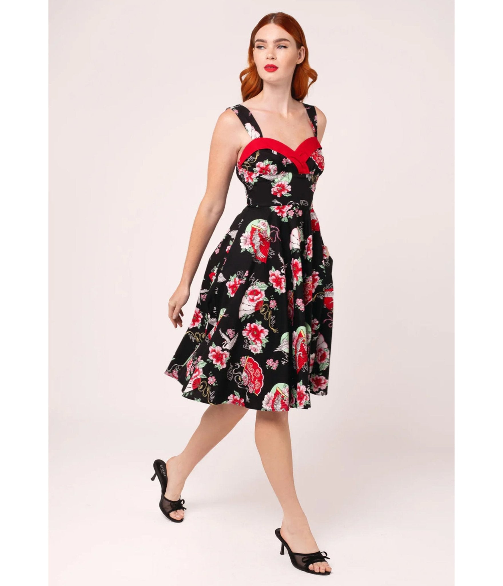 Hell Bunny Black & Red Floral Sweetheart Swing Dress - Unique Vintage - Womens, DRESSES, SWING