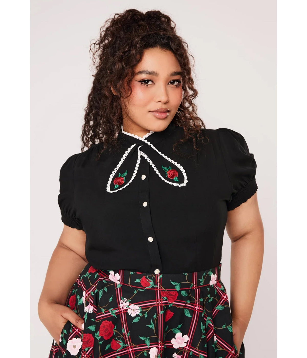 Hell Bunny Black Rose Embroidered Kayla Blouse - Unique Vintage - Blouses