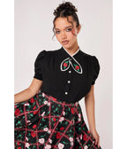Hell Bunny Black Rose Embroidered Kayla Blouse - Unique Vintage - Blouses