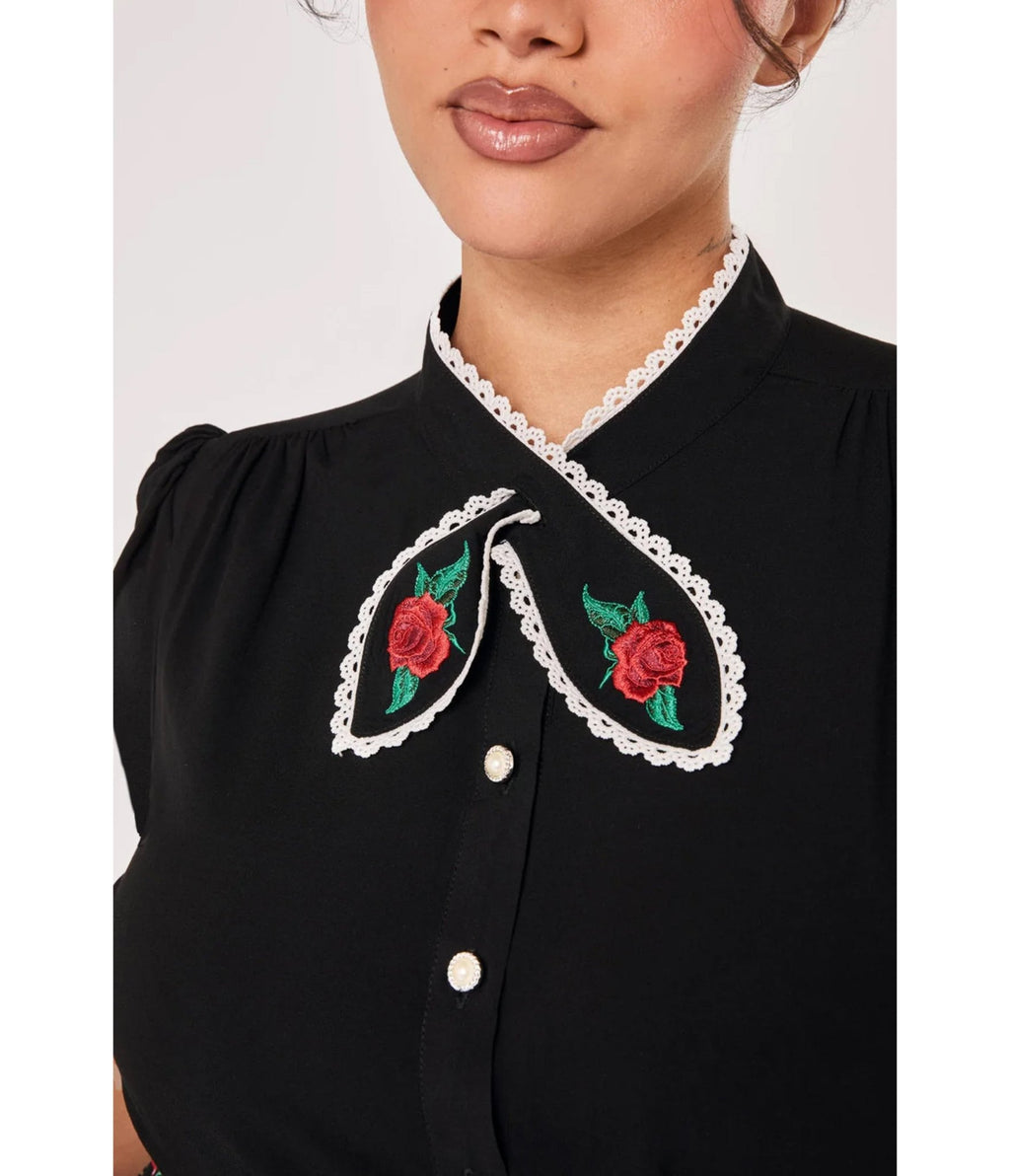 Hell Bunny Black Rose Embroidered Kayla Blouse - Unique Vintage - Blouses