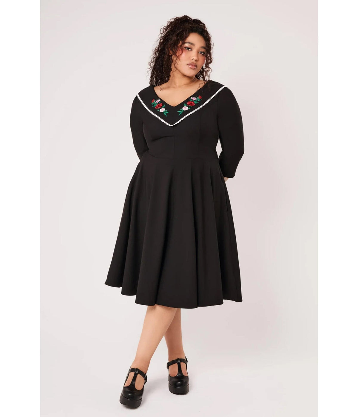 Hell Bunny Black Rose Embroidered Kayla Swing Dress - Unique Vintage - Swing Dresses