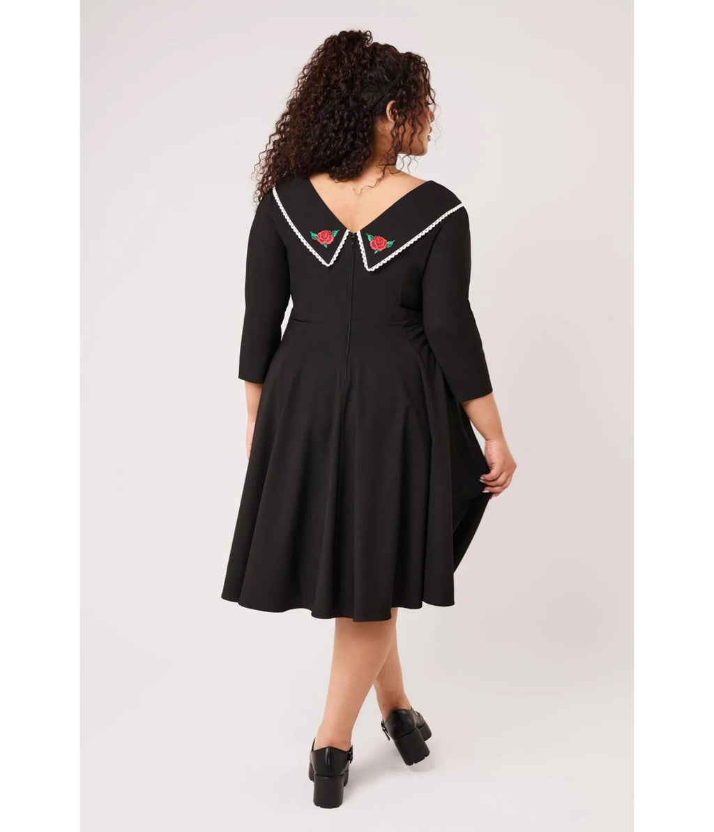 Hell Bunny Black Rose Embroidered Kayla Swing Dress - Unique Vintage - Swing Dresses