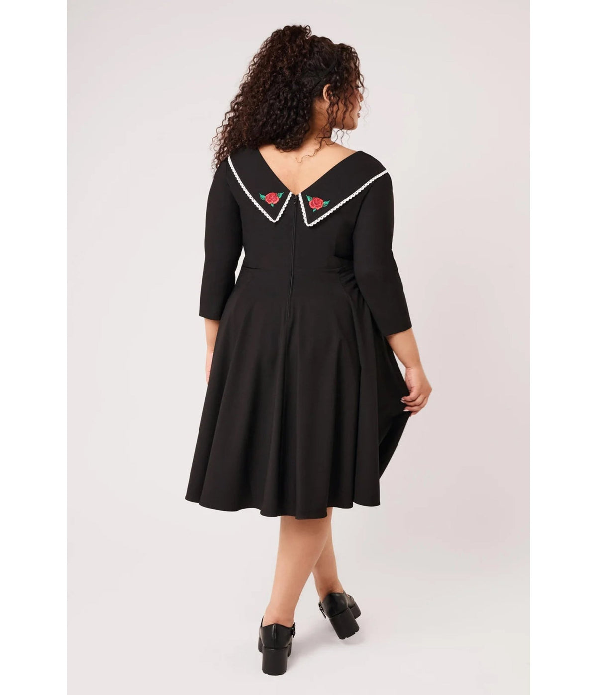 Hell Bunny Black Rose Embroidered Kayla Swing Dress - Unique Vintage - Swing Dresses