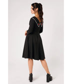Hell Bunny Black Rose Embroidered Kayla Swing Dress - Unique Vintage - Swing Dresses