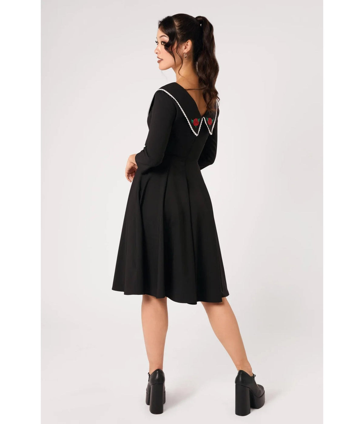 Hell Bunny Black Rose Embroidered Kayla Swing Dress - Unique Vintage - Swing Dresses