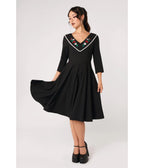 Hell Bunny Black Rose Embroidered Kayla Swing Dress - Unique Vintage - Swing Dresses