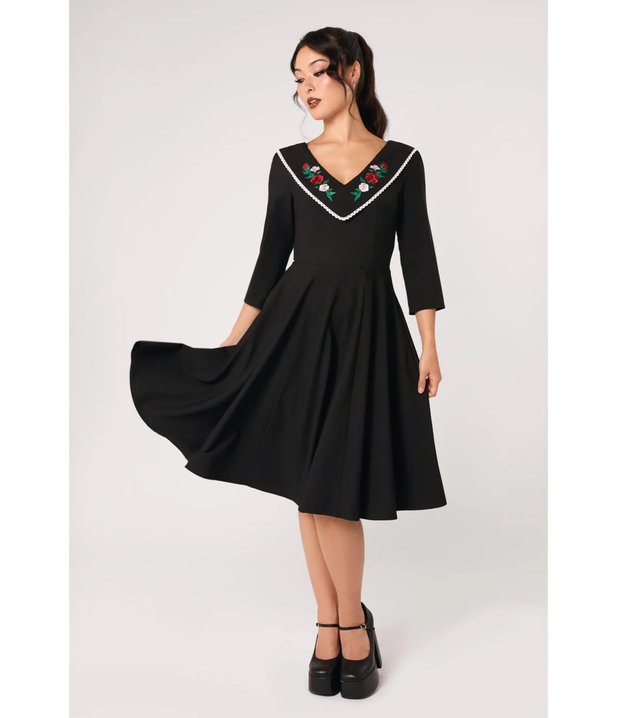 Hell Bunny Black Rose Embroidered Kayla Swing Dress - Unique Vintage - Swing Dresses
