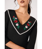 Hell Bunny Black Rose Embroidered Kayla Swing Dress - Unique Vintage - Swing Dresses