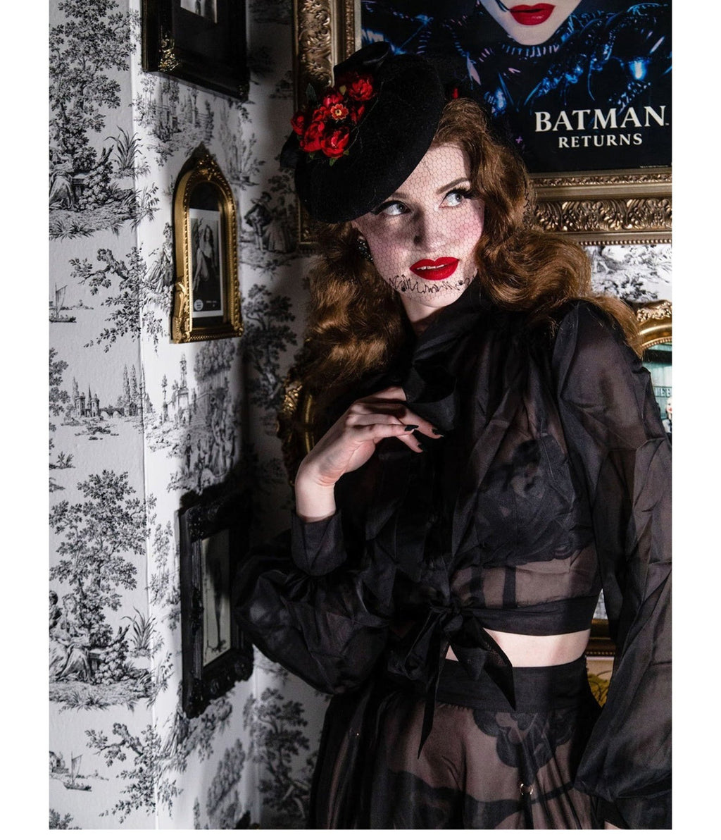 Hell Bunny Black Sheer Gibson Girl Bow Blouse - Unique Vintage - Womens, TOPS, WOVEN TOPS