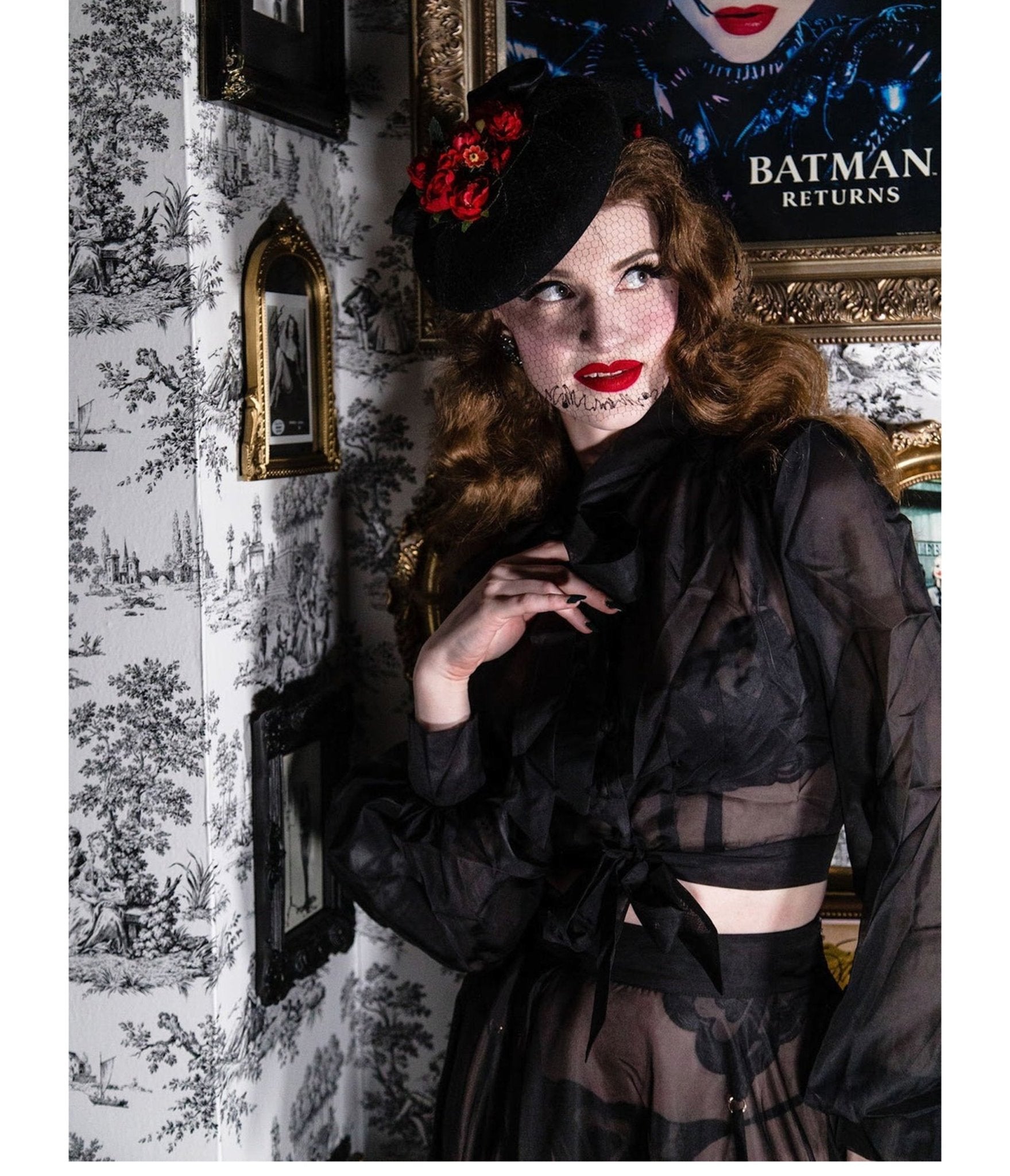 Hell Bunny Black Sheer Gibson Girl Bow Blouse - Unique Vintage - Womens, TOPS, WOVEN TOPS