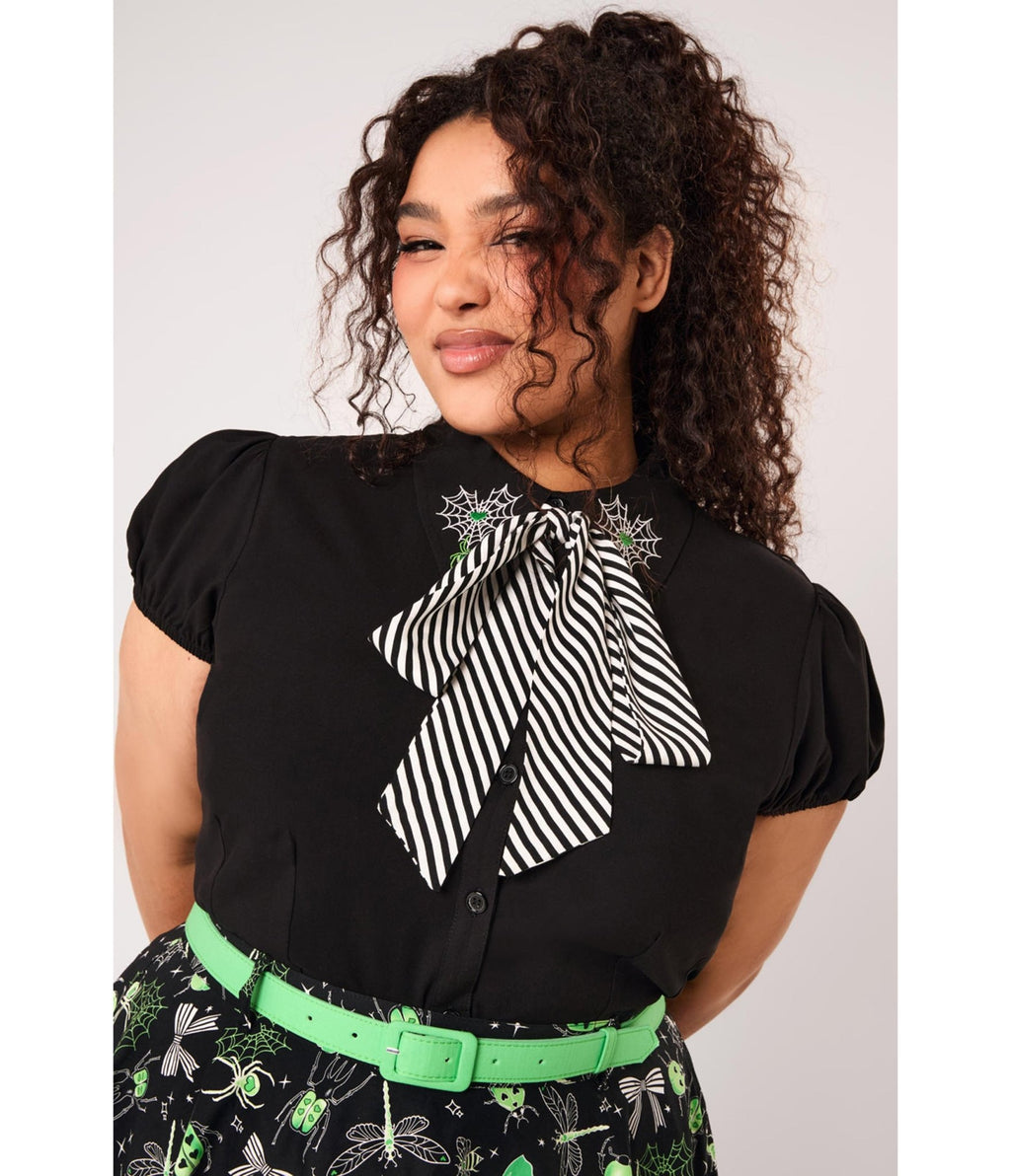 Hell Bunny Black Spiderweb Embroidered Millie Blouse - Unique Vintage - Womens, TOPS, WOVEN TOPS