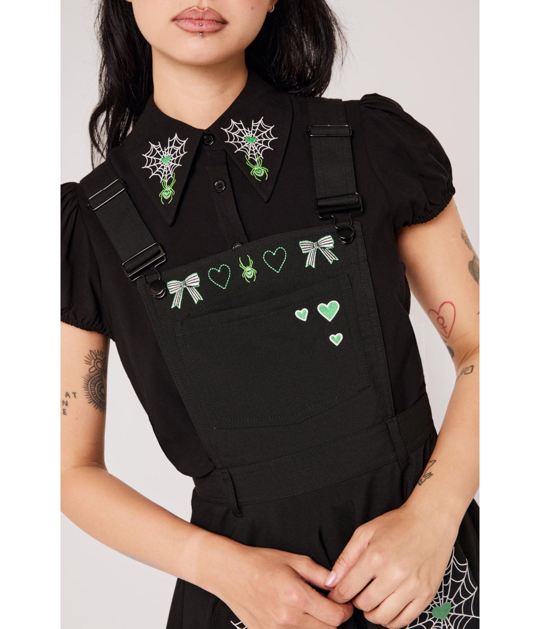 Hell Bunny Black Spiderweb Embroidered Millie Pinafore Dress - Unique Vintage - Womens, DRESSES, MIDI