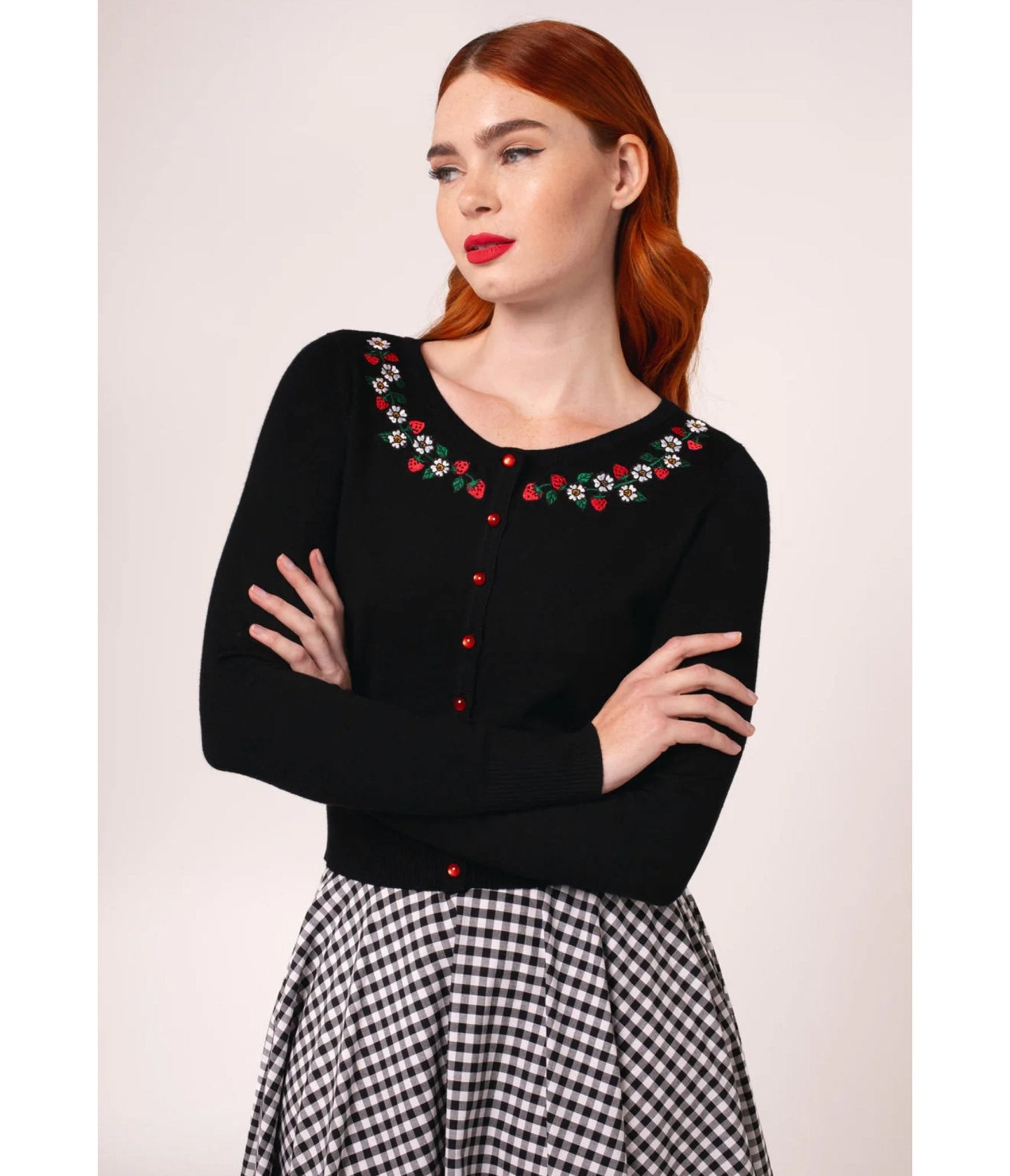 Hell Bunny Black Strawberry Francois Cardigan - Unique Vintage - Womens, TOPS, SWEATERS