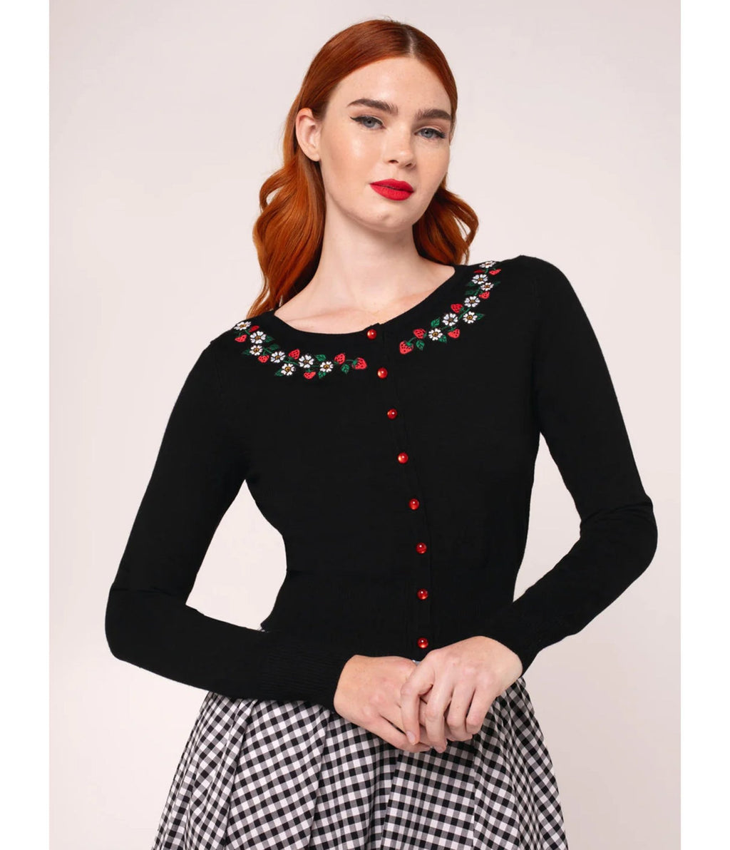 Hell Bunny Black Strawberry Francois Cardigan - Unique Vintage - Womens, TOPS, SWEATERS