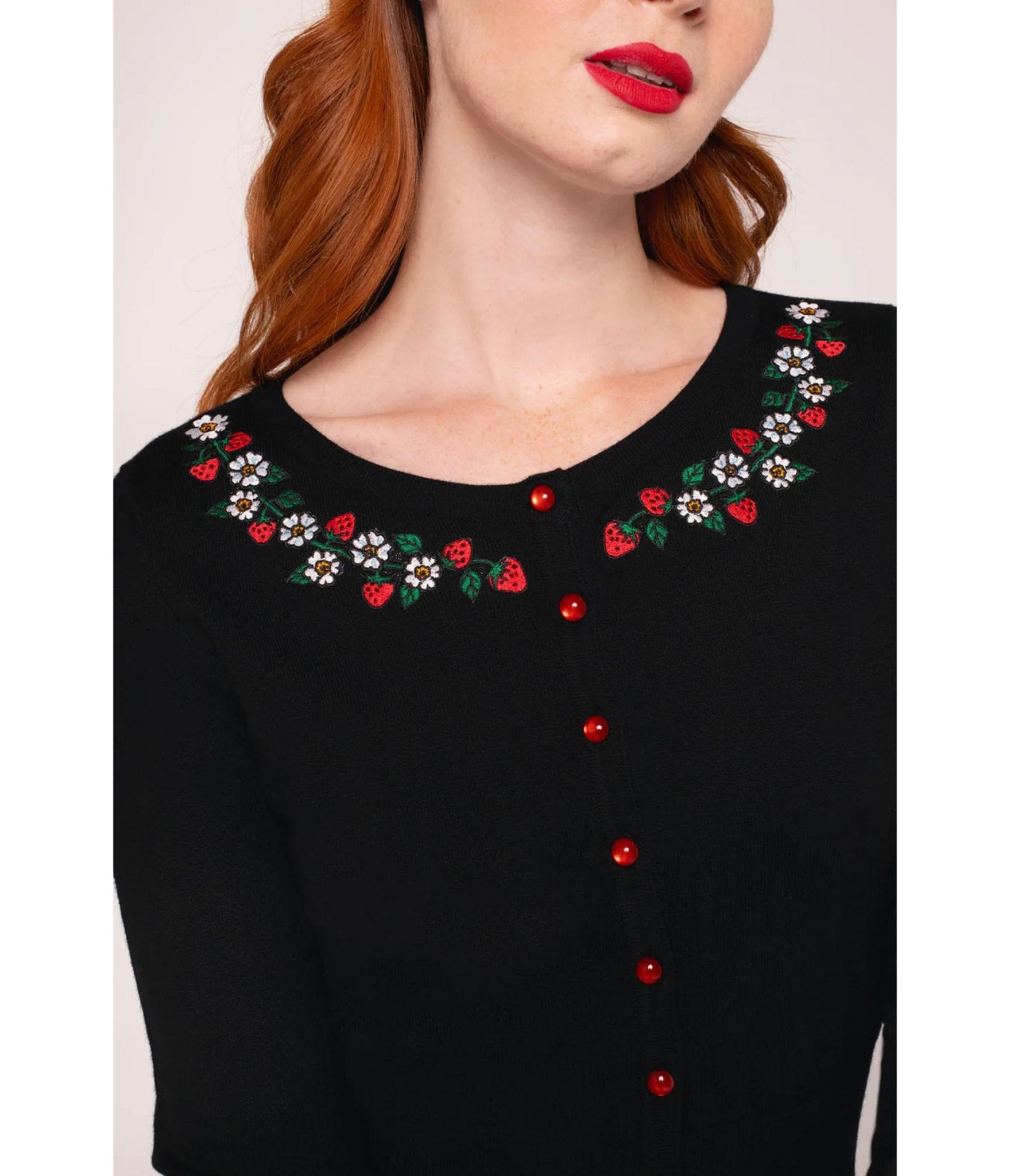 Hell Bunny Black Strawberry Francois Cardigan - Unique Vintage - Womens, TOPS, SWEATERS