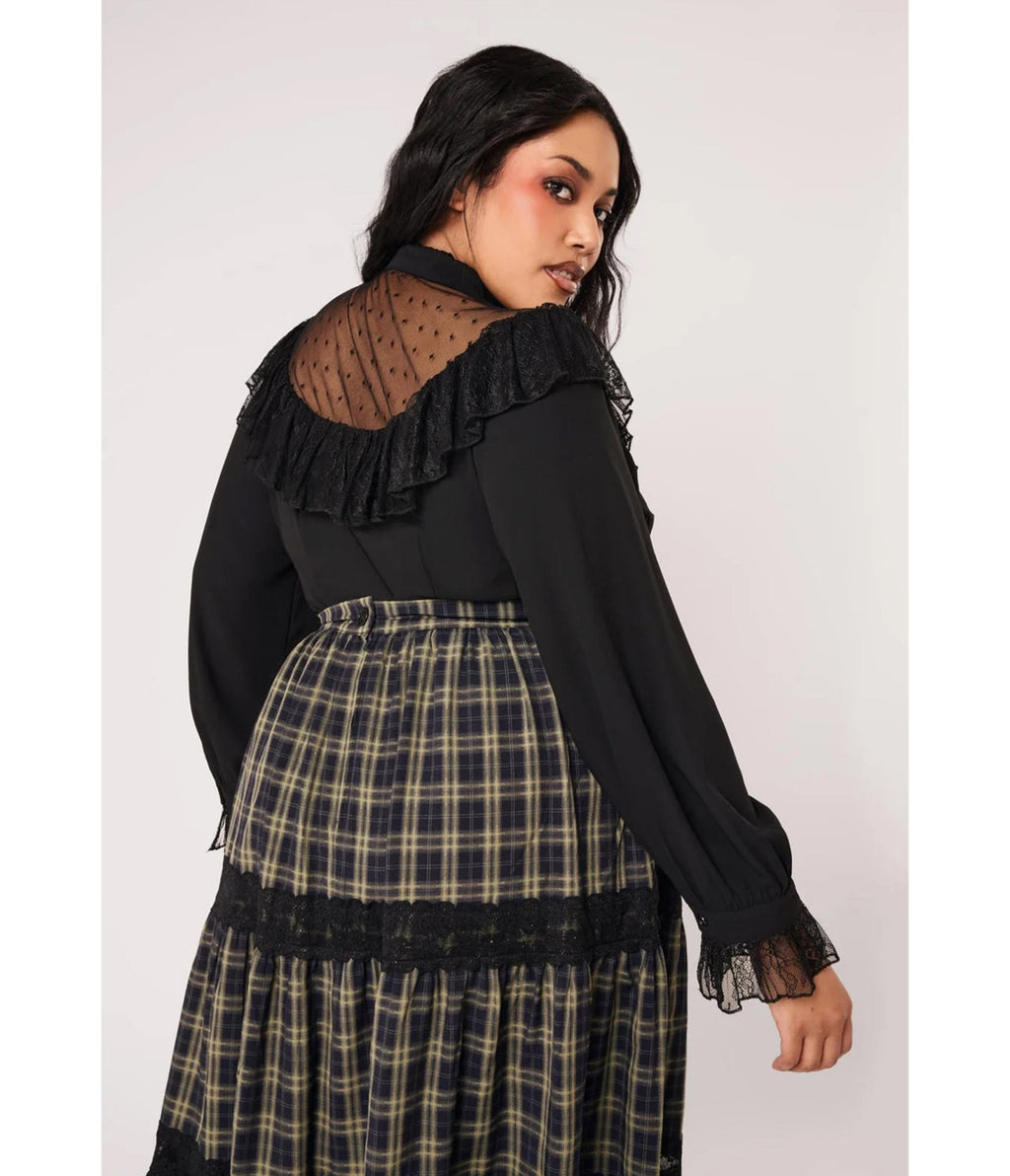Hell Bunny Black Swiss Dot Mesh Ruffle Dark Knight Blouse - Unique Vintage - Womens, TOPS, WOVEN TOPS