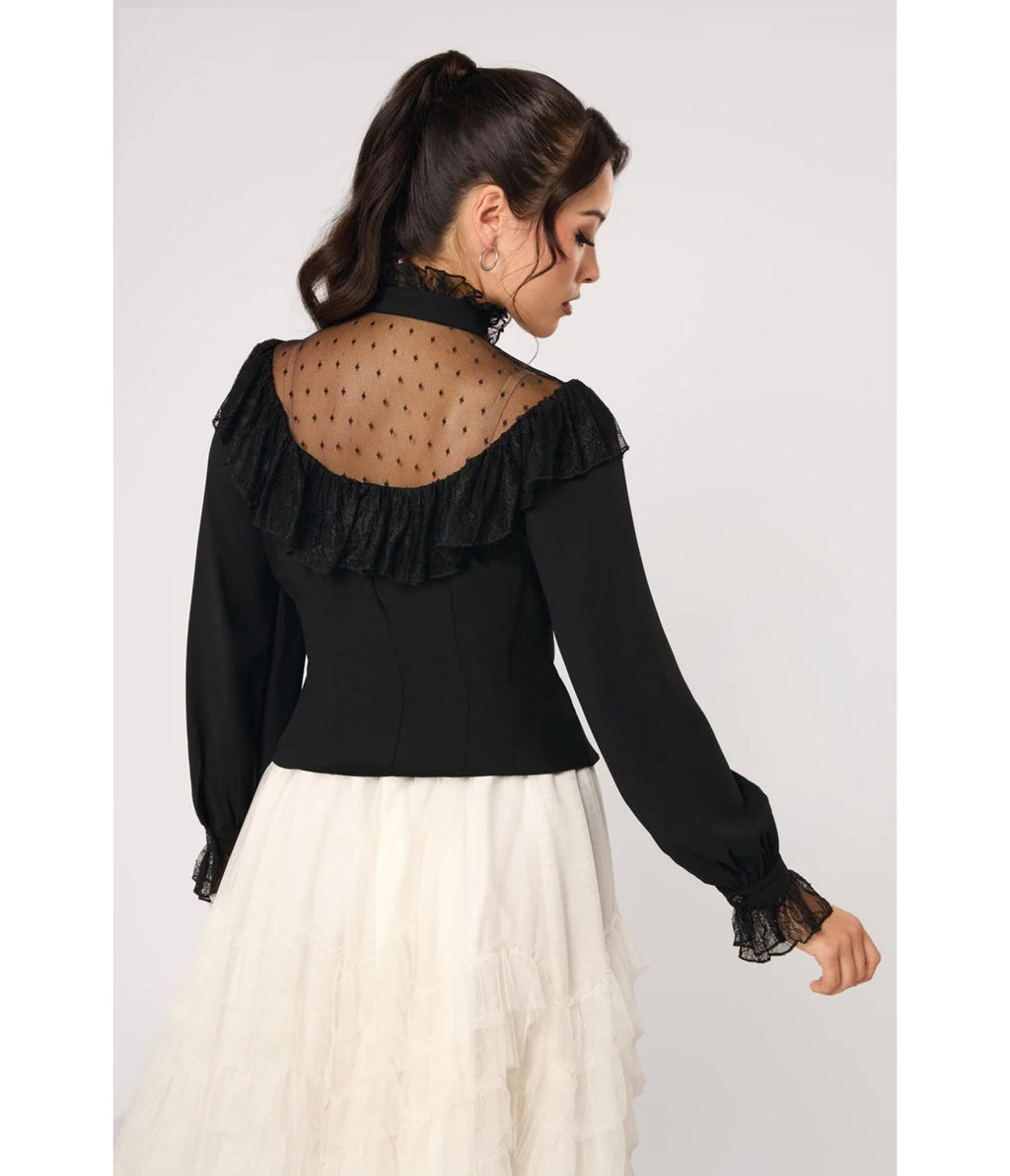 Hell Bunny Black Swiss Dot Mesh Ruffle Dark Knight Blouse - Unique Vintage - Womens, TOPS, WOVEN TOPS