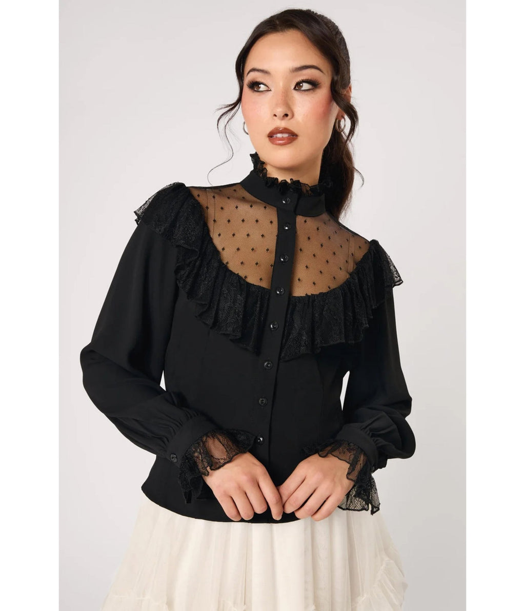 Hell Bunny Black Swiss Dot Mesh Ruffle Dark Knight Blouse - Unique Vintage - Womens, TOPS, WOVEN TOPS