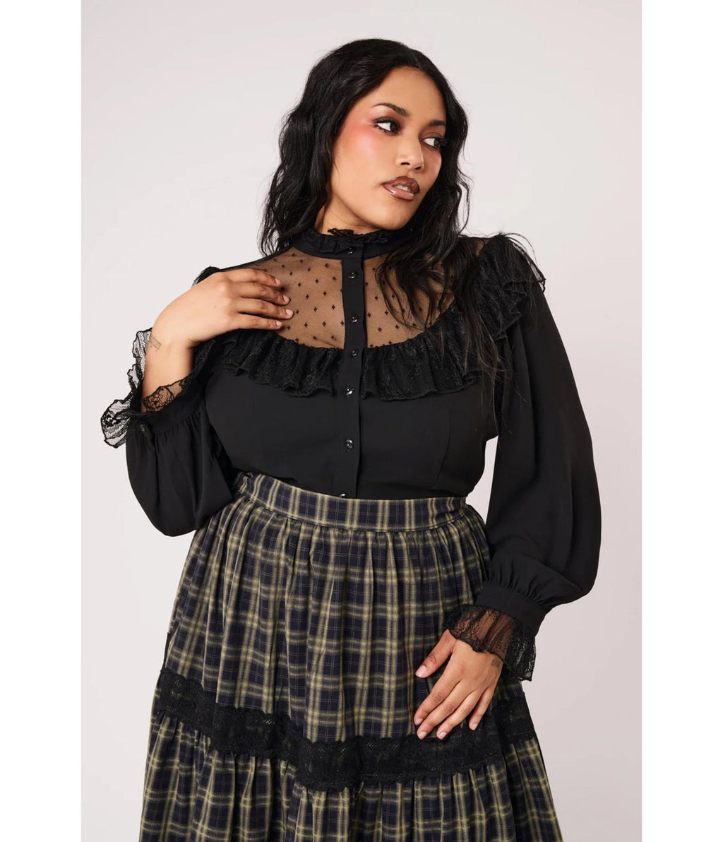 Hell Bunny Black Swiss Dot Mesh Ruffle Dark Knight Blouse - Unique Vintage - Womens, TOPS, WOVEN TOPS