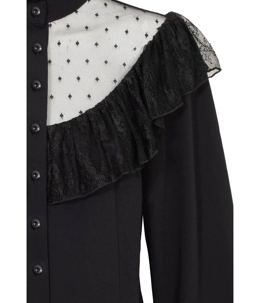 Hell Bunny Black Swiss Dot Mesh Ruffle Dark Knight Blouse - Unique Vintage - Womens, TOPS, WOVEN TOPS