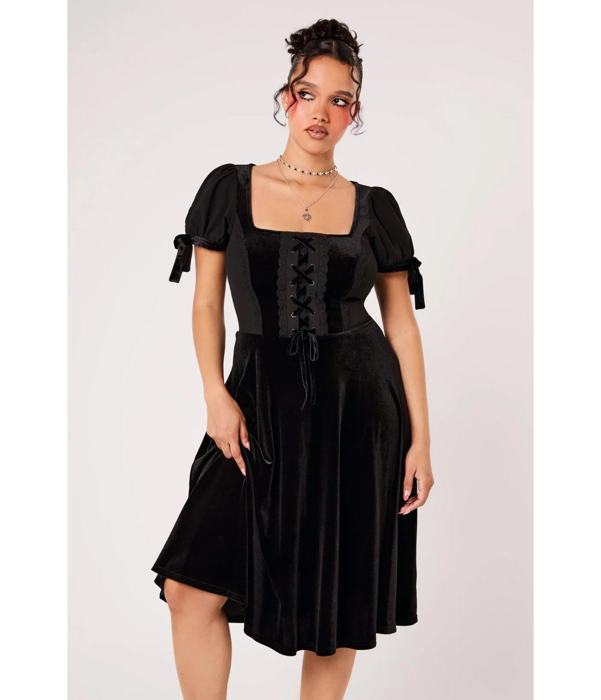Hell Bunny Black Velvet Disenchanted Swing Dress - Unique Vintage - Swing Dresses