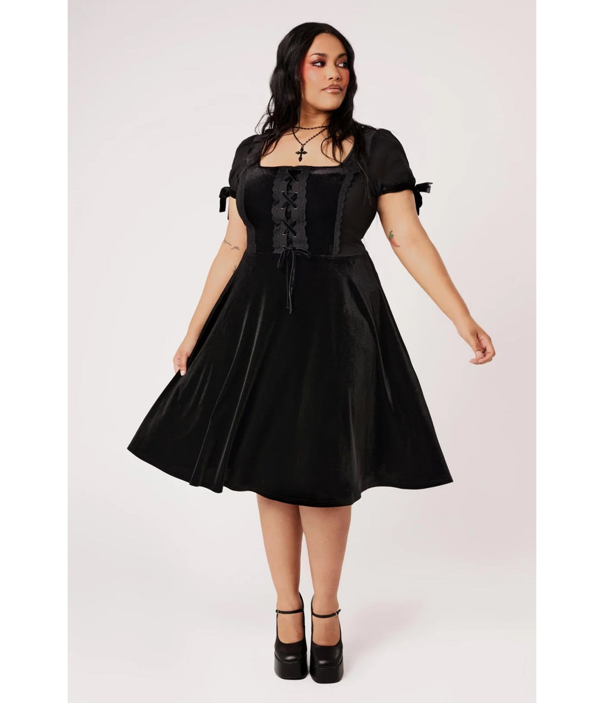 Hell Bunny Black Velvet Disenchanted Swing Dress - Unique Vintage - Swing Dresses