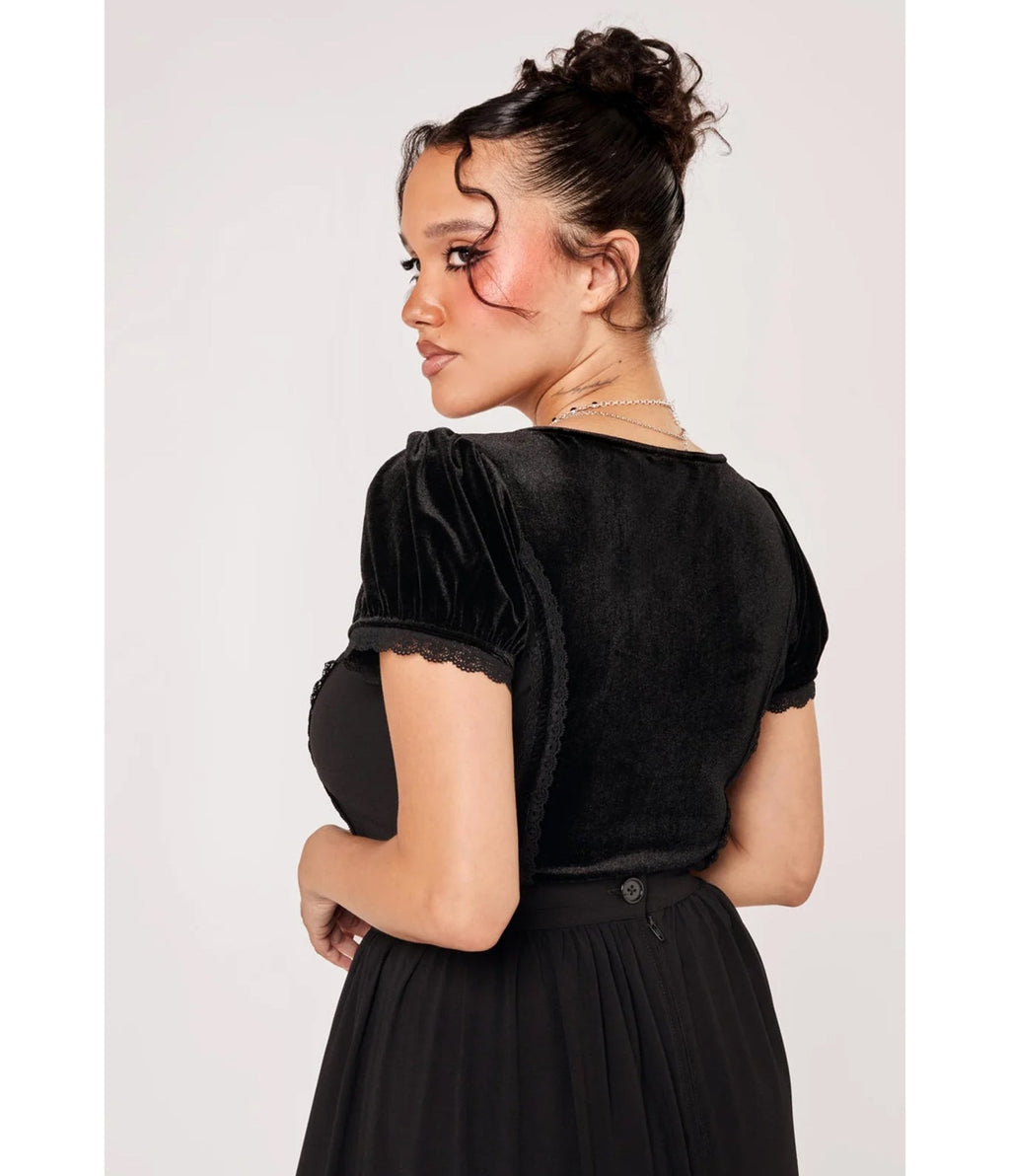 Hell Bunny Black Velvet Lace Bow Disenchanted Top - Unique Vintage - Knit Tops