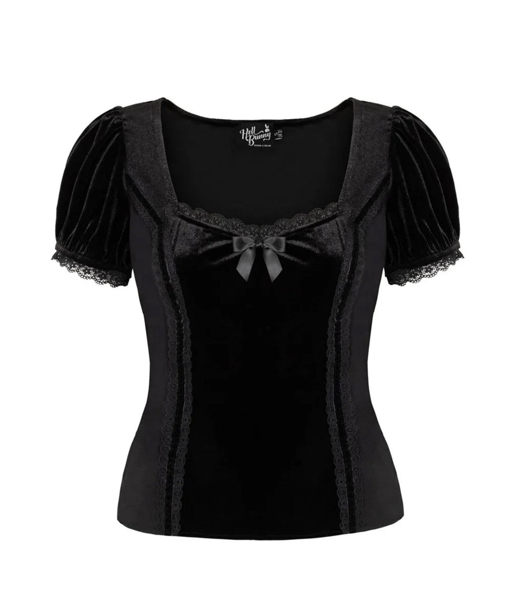 Hell Bunny Black Velvet Lace Bow Disenchanted Top - Unique Vintage - Knit Tops