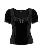 Hell Bunny Black Velvet Lace Bow Disenchanted Top - Unique Vintage - Knit Tops