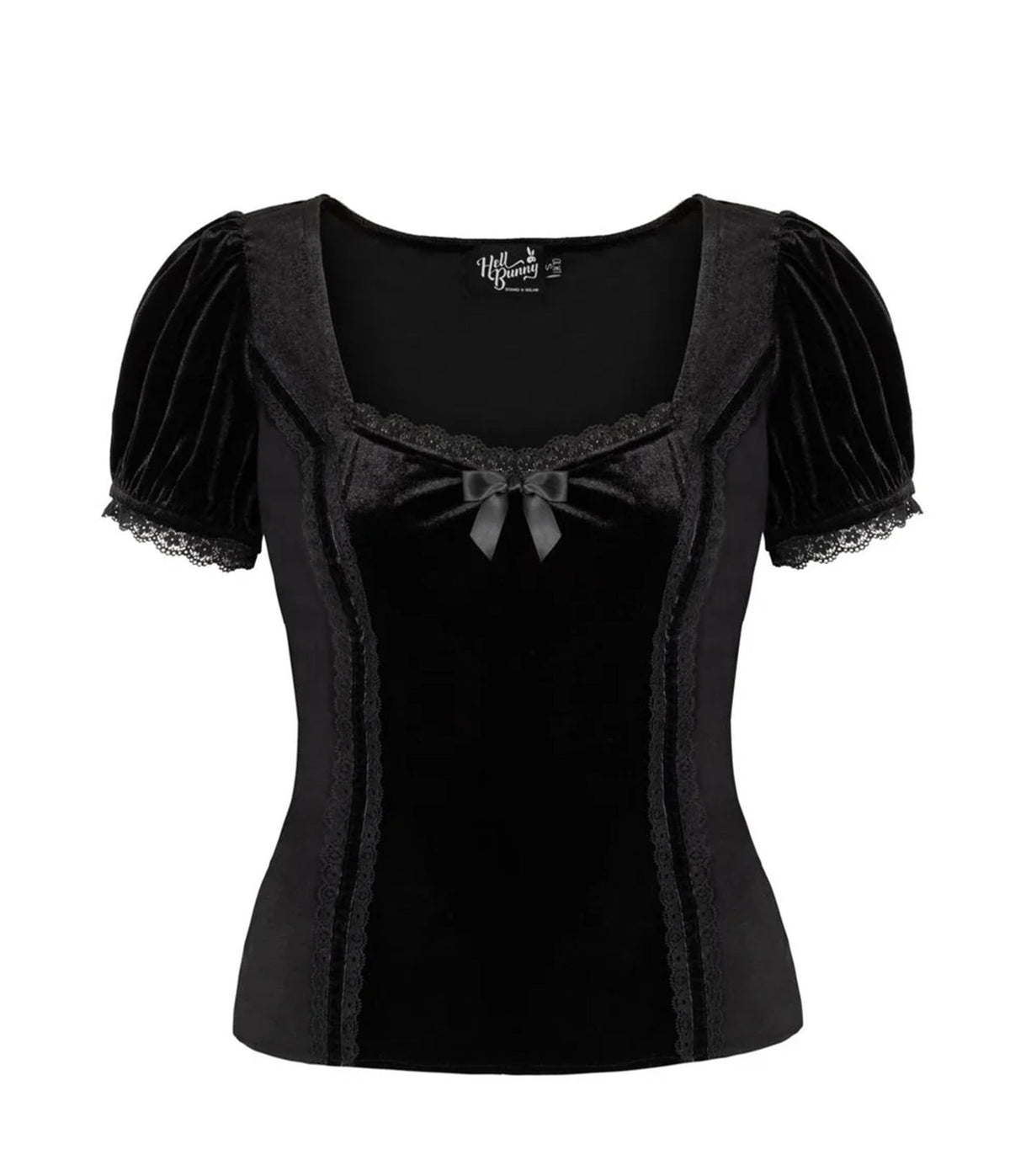 Hell Bunny Black Velvet Lace Bow Disenchanted Top - Unique Vintage - Knit Tops