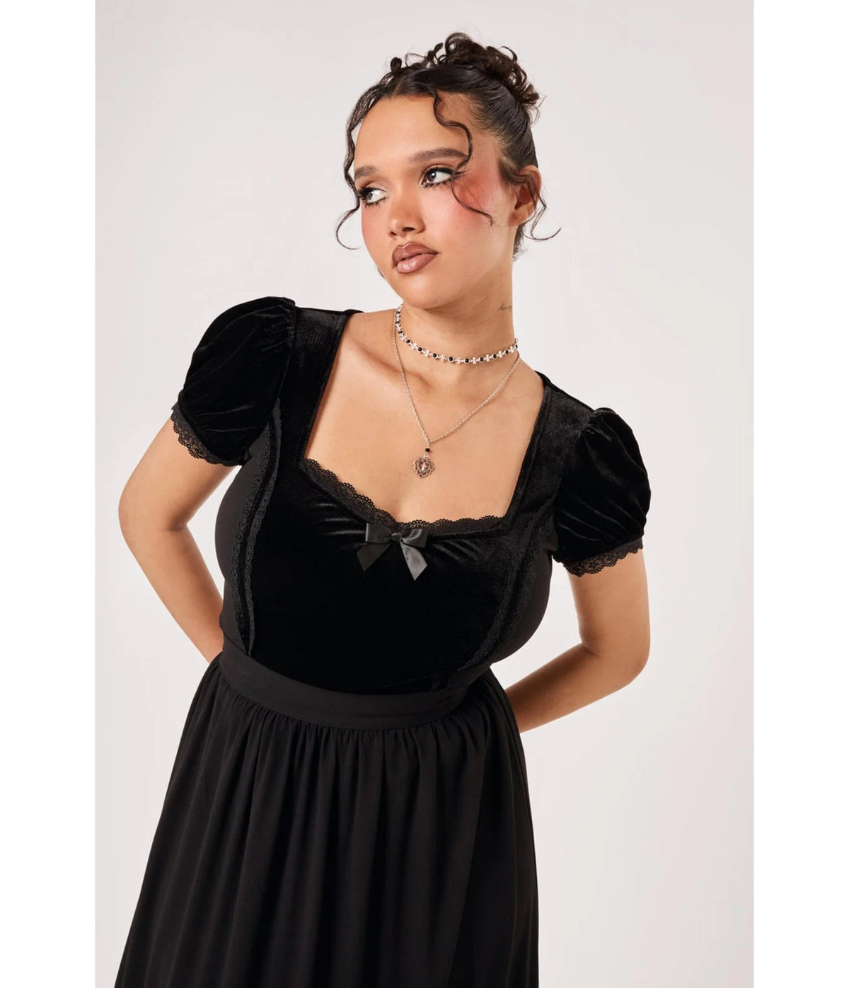 Hell Bunny Black Velvet Lace Bow Disenchanted Top - Unique Vintage - Knit Tops