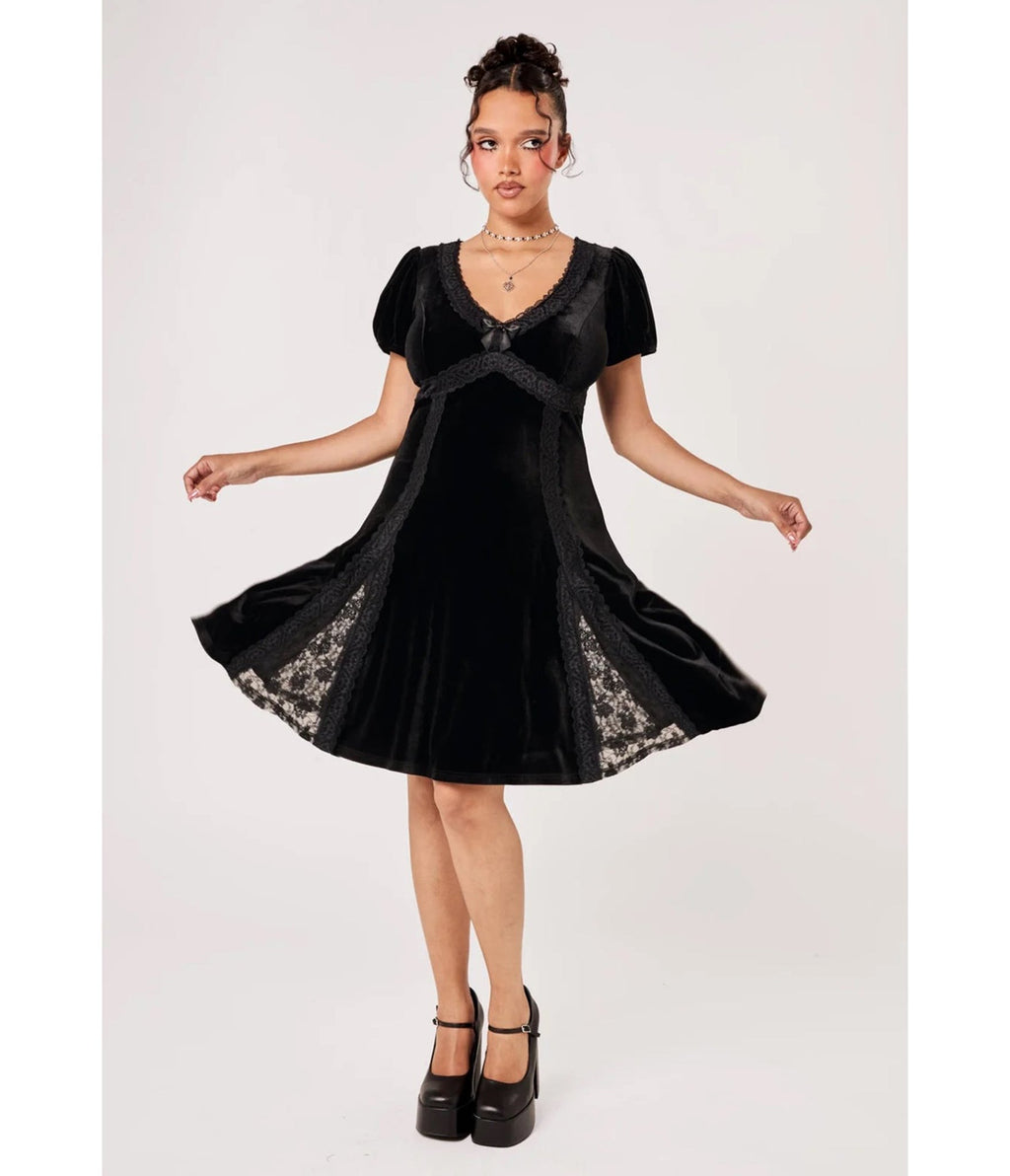 Hell Bunny Black Velvet Marla Dress - Unique Vintage - Swing Dress