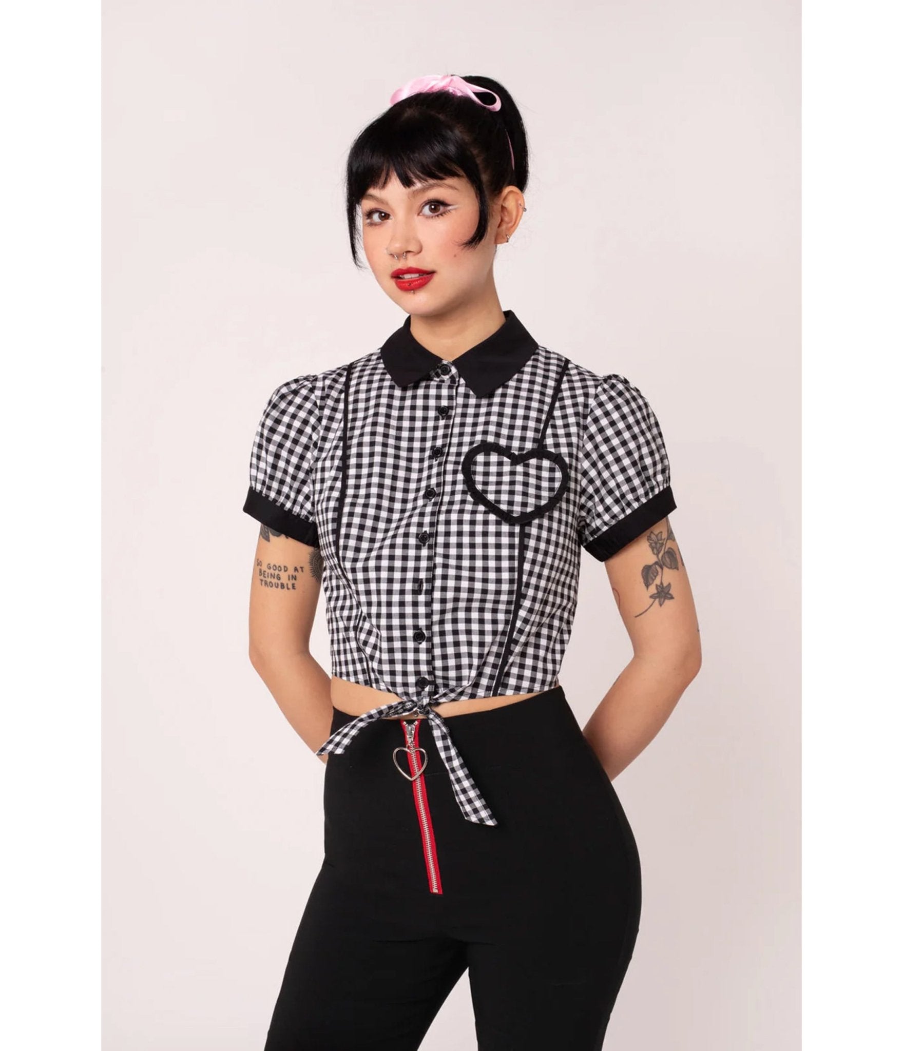 Hell Bunny Black & White Gingham Mel Cropped Blouse - Unique Vintage - Womens, TOPS, SHIRTS