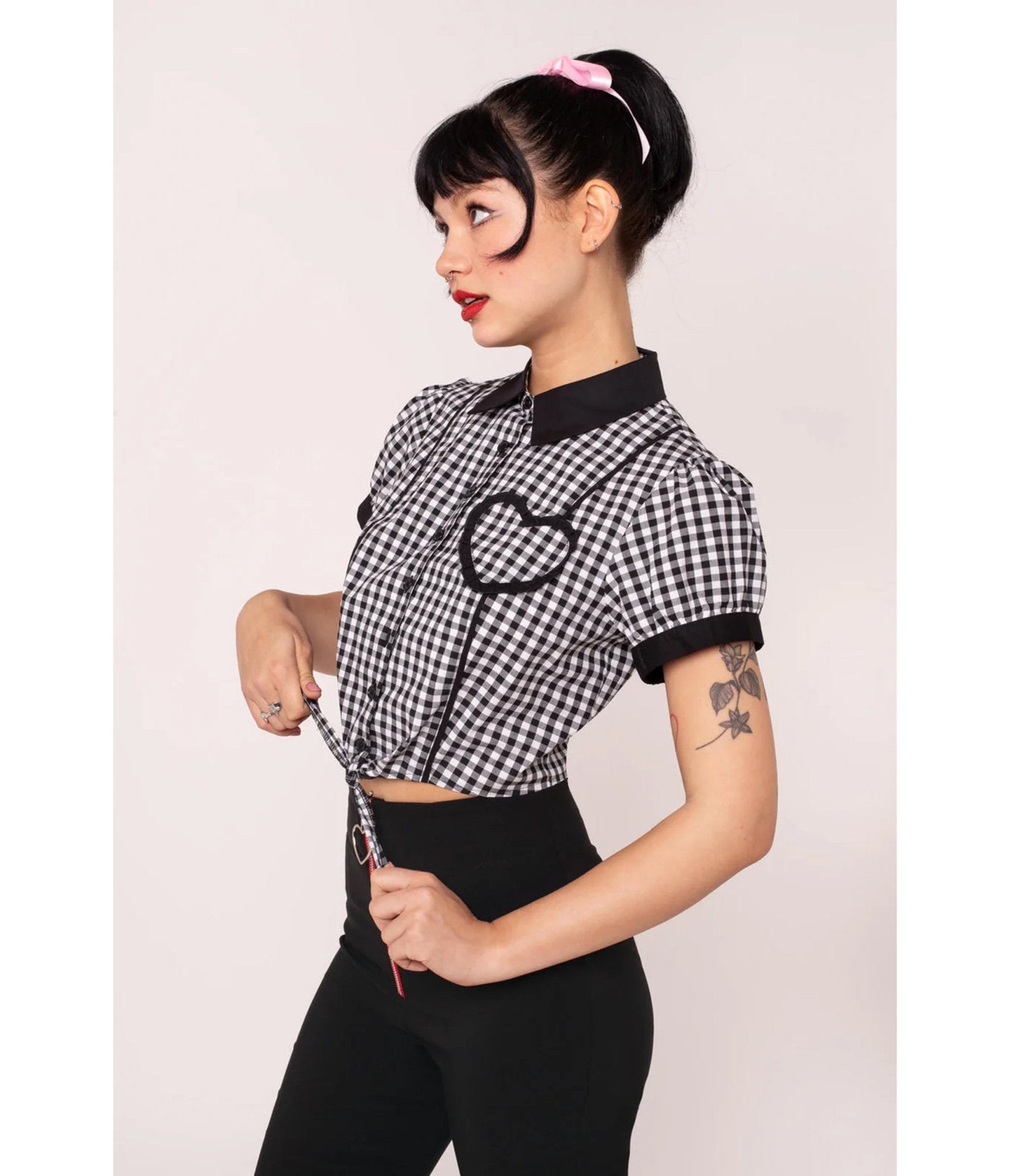 Hell Bunny Black & White Gingham Mel Cropped Blouse - Unique Vintage - Womens, TOPS, SHIRTS