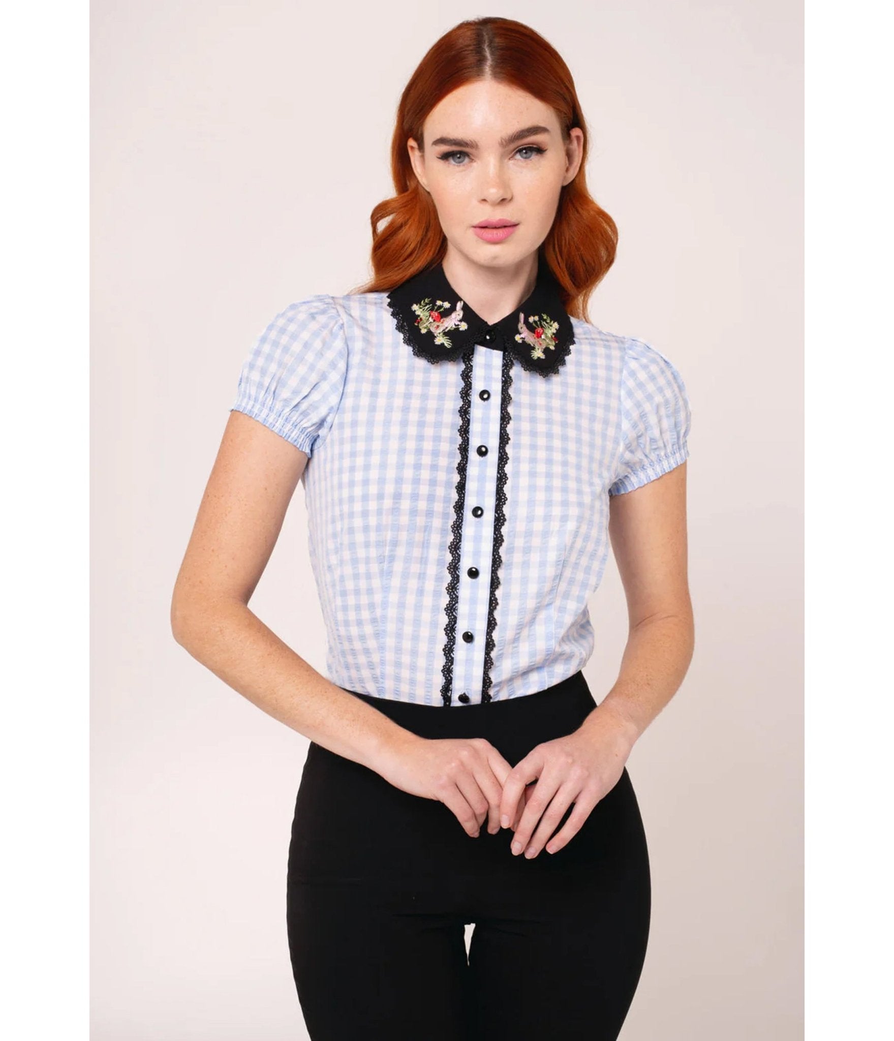 Hell Bunny Blue Gingham Beatrix Blouse - Unique Vintage - Womens, TOPS, SHIRTS
