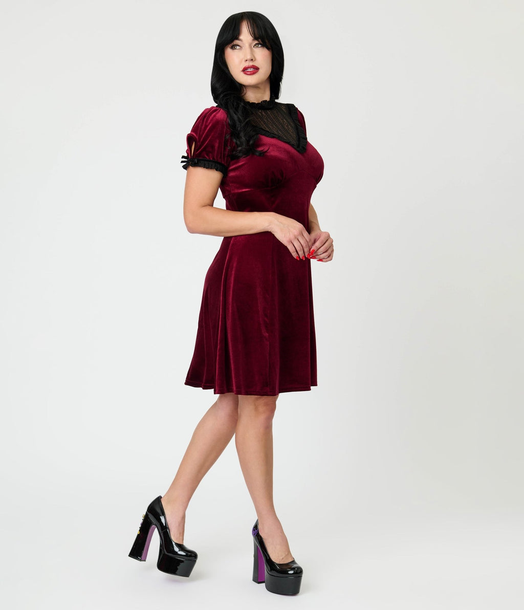 Hell Bunny Burgundy Velvet Mourning Mini Dress - Unique Vintage - Womens, DRESSES, FIT AND FLARE